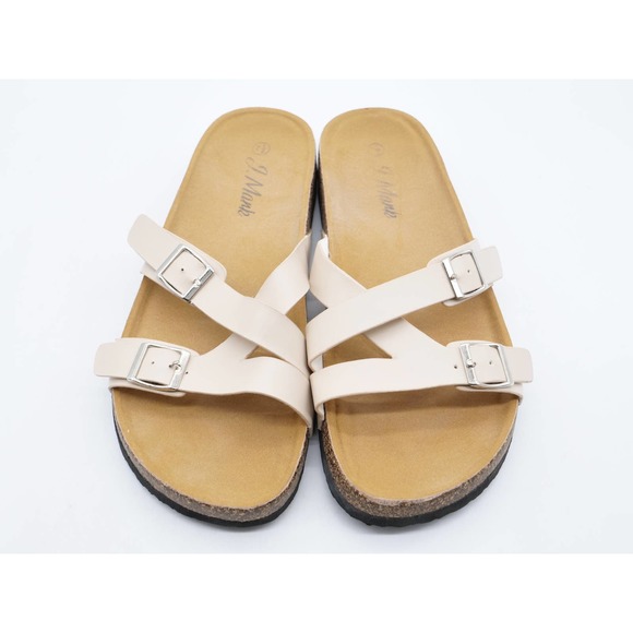 J Mark Sandals Womens 7.5 Beige Faux Leather Strappy Adjustable Slides Cork - Picture 7 of 10